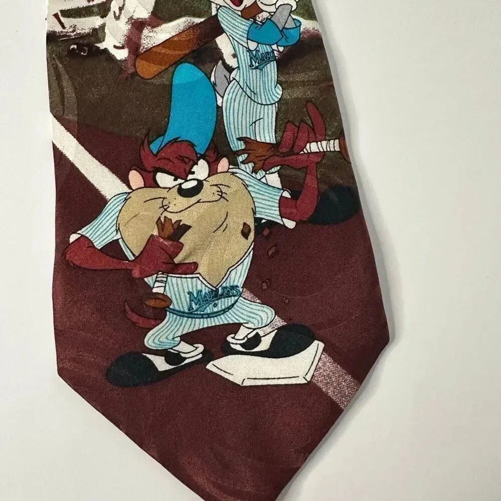 Vintage Looney Tunes Florida Marlins Taz and Bugs Bunny Silk Tie Toons Baseball